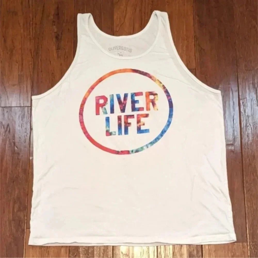 River Life Tank Womens XL White Rainbow Boat Kayak Outdoor Beach Festival Casual